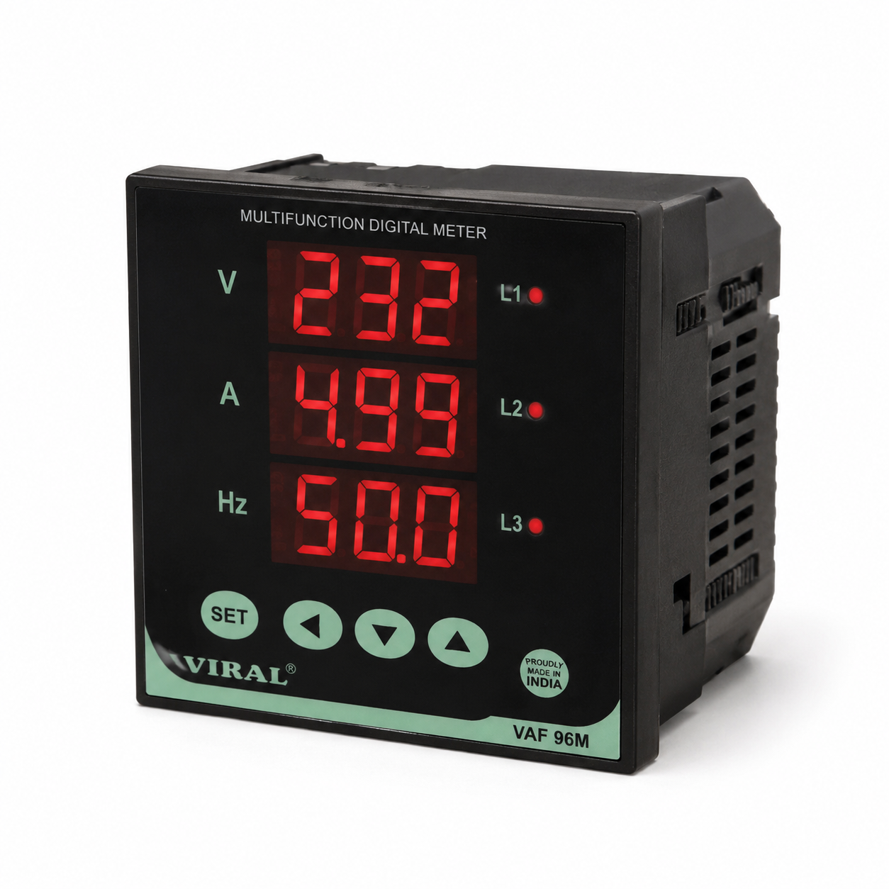 3 Digit, Range : 500 V AC ( P - N ) / 0 - 5000 A AC C.T. Selectable / 45 - 65 Hz - 96 X 96 X 55 mm (0.56" Display) / Cat VAF - 9601